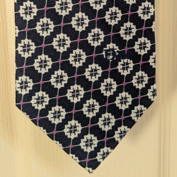 VTG Christian Dior Monsieur Classic Patterned Black Silver Purple 100% Silk Tie - Picture 1 of 8